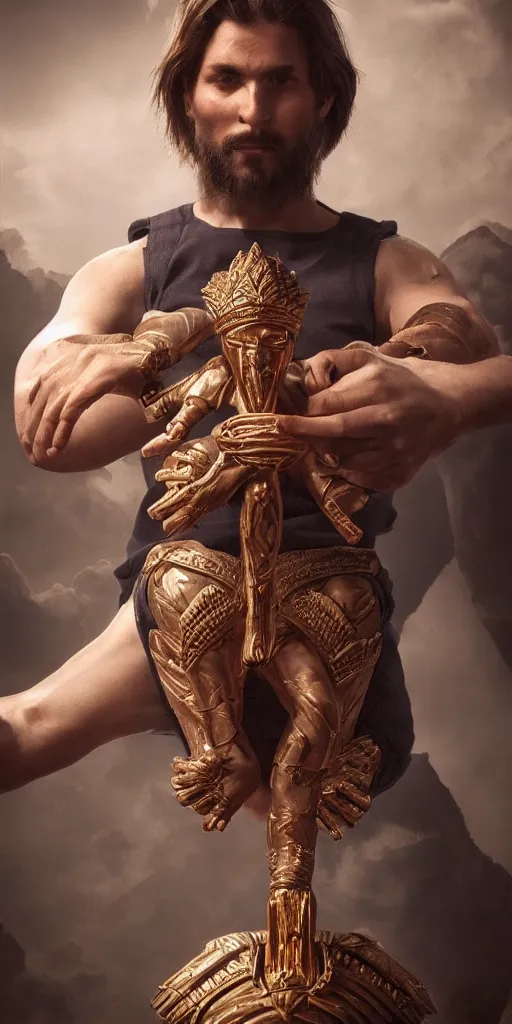 Image similar to enlil sumerian god, holding a strobilus in his left hand, wings, unreal 5, hyperrealistic, realistic, photorealistic, dynamic lighting, highly detailed, cinematic landscape, studio landscape, studio lighting