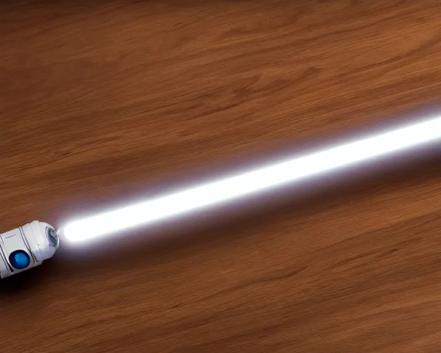 Prompt: a photograph of a lightsaber on a wooden table, very detailed, high definition,
