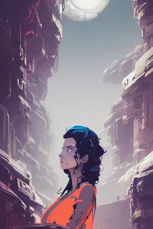 Image similar to highly detailed portrait of sci - fi long curly blue haired lady by atey ghailan, james gilleard, by joe fenton, by greg rutkowski, by greg tocchini, by kaethe butcher, 4 k resolution, gradient red, orange, black and white color scheme!!! ( ( nebula dystopian city spiral background ) )