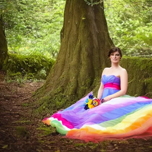 Image similar to picture of gemma arterton wearing a long rainbow wedding gown, sitting in a colorful forest