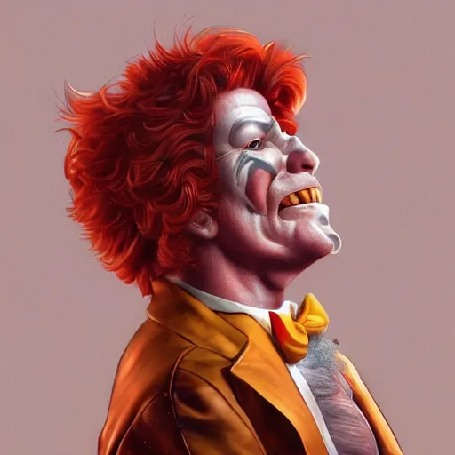 Image similar to portrait of Ronald McDonald the radio dj, muscular, wild, upper body, D&D, fantasy, intricate, cinematic lighting, highly detailed, digital painting, artstation, concept art, smooth, sharp focus, illustration, art by Hajime Sorayama