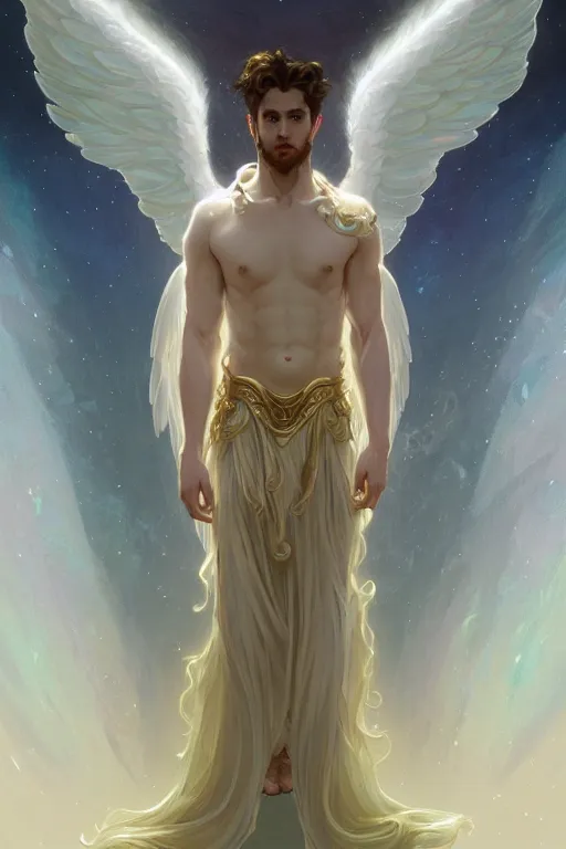 Prompt: full figure beautiful young fit male angel with curly blond hairs, dressed with fluent clothes, majestic wings, luminous halo, by greg rutkowski and alfons mucha, d & d character, gradient white to gold, in front of an iridescent background, highly detailed portrait, digital painting, artstation, concept art, smooth, sharp focus illustration, artstation hq