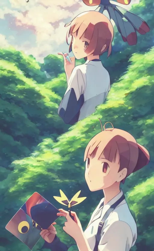 Image similar to a pokemon go card from 1 9 5 0, illustration, insect trainer girl, clear sky background, lush landscape, concept art, anime key visual, trending pixiv fanbox, by wlop and greg rutkowski and makoto shinkai and studio ghibli and kyoto animation, symmetrical facial features, short hair, hair down