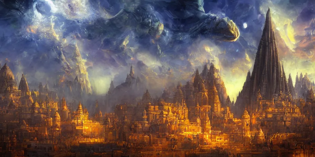 Image similar to fantasy oil painting, mega structure city of varanasi, fantasy, colossal, gate, looming, small buildings, warm lighting, street view, silhouetted figure standing overlooking, space port city, epic, distant mountains, bright clouds, luminous sky, cinematic lighting, michael cheval, david palladini, artstation, oil painting, vray, 8 k hd