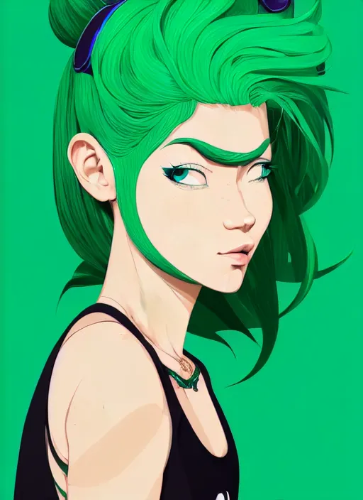 Prompt: portrait of a cool girl with green hair, a 7 8 4 3 hairstyle, wearing a tanktop, highly detailed, stylized, medium shot, vector line art, adobe illustrator, clean cel shaded vector art, by ross tron, lois van baarle, artgerm, helen huang, makoto shinkai, ilya kuvshinov, rossdraws