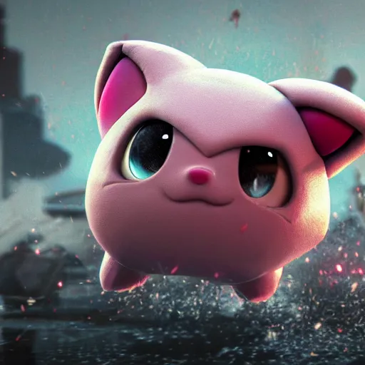 Image similar to jigglypuff! in Gears of War, splash art, movie still, cinematic lighting, dramatic, octane render, long lens, shallow depth of field, bokeh, anamorphic lens flare, 8k, hyper detailed, 35mm film grain