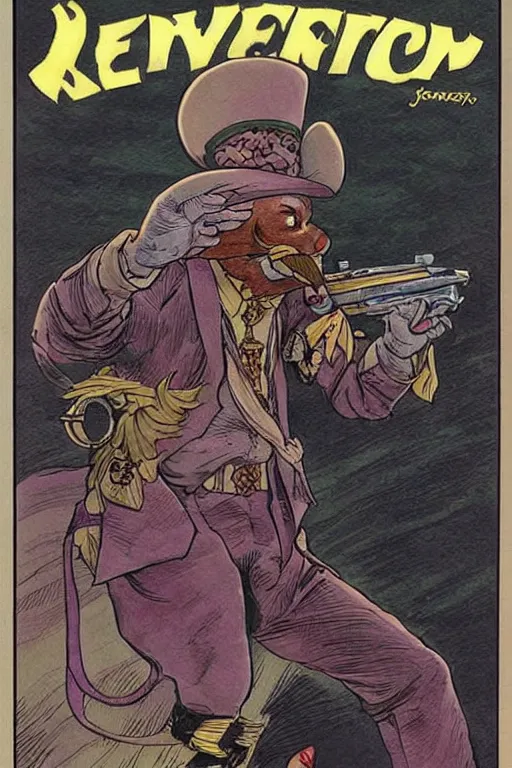 Image similar to vernon. Rabbit with mustache dressed as a sheriff. concept art by James Gurney and Mœbius.