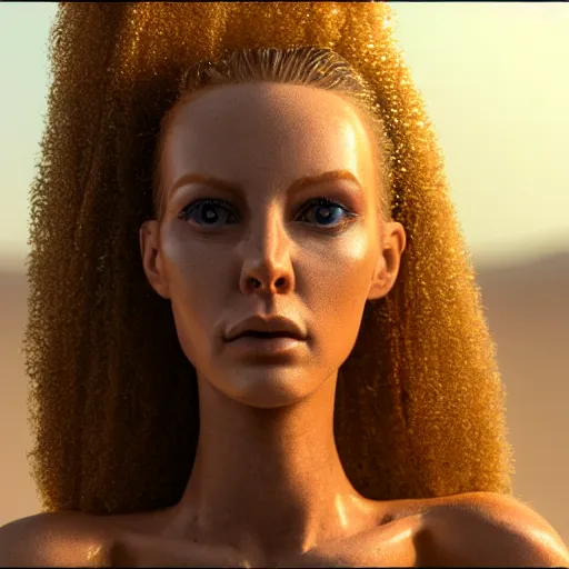 Image similar to a close up of a female woman, synthetic fashion model with large hair, standing on a martian landscape, cinematic movie scene, inspired by the movie the fifth element, by kim jung gi, hyperrealistic, fine details, octane render, volumetric lighting