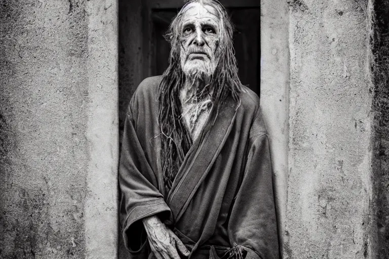 Prompt: character and environment photography, portrait shamanistic infested 7 0 - year - old male druid, messy hair, old tattered robe, medium shot, wide angle, 2 0 0 px, full front, natural light