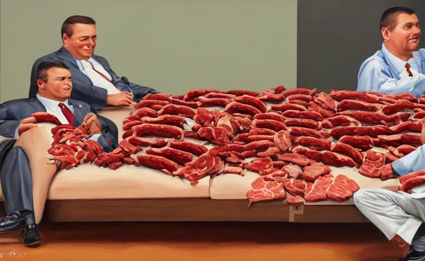 Prompt: realistic painting of couch made out of meat, business men sitting on couch made out of meat and talking,