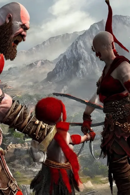 Image similar to TV news interviewing Kratos from god of war