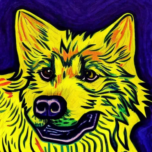 Image similar to retarded wolf portrait, van gogh style, vivid colors, yellow, purple