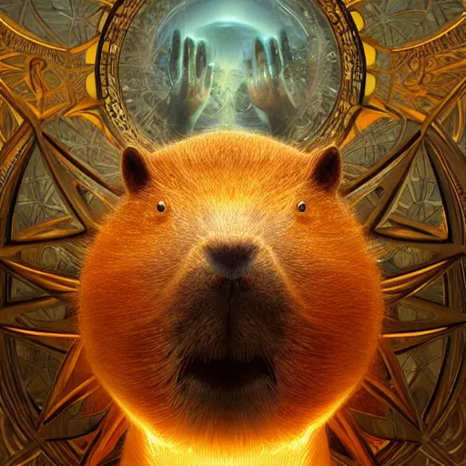 Image similar to capybara surrounded by sacred geometry made from elven architecture, gorgeous, powerful, cinematic, beautifully lit, by artgerm, by karol bak, 3 d, trending on artstation, octane render