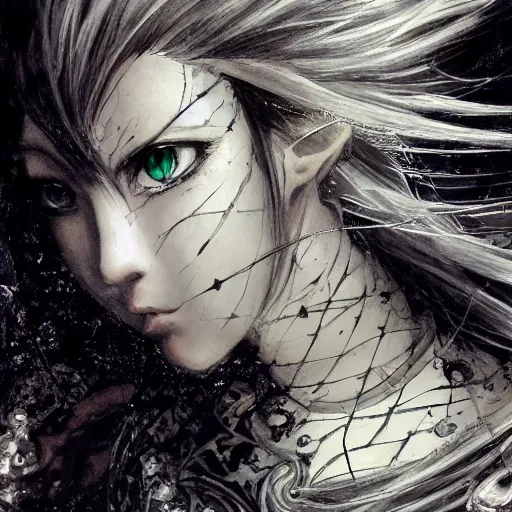 Image similar to yoshitaka amano realistic illustration of an anime girl with wavy white hair and cracks on her face wearing elden ring armour with the cape fluttering in the wind, abstract black and white patterns on the background, noisy film grain effect, highly detailed, renaissance oil painting, weird portrait angle