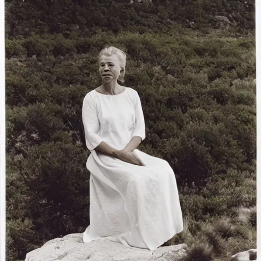 Image similar to A beautiful body art of of a woman with long curly hair, wearing a white dress and sitting in a chair in front of a window with a view of a mountainside. Tove Jansson by William Wegman harrowing
