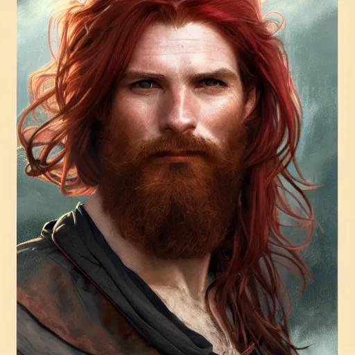 Image similar to portrait of a young ruggedly handsome but joyful pirate, male, masculine, upper body, red crimson hair, long flowing hair, fantasy, wide smirk, intricate, elegant, highly detailed, digital painting, artstation, concept art, matte, sharp focus, illustration, art by artgerm and greg rutkowski and alphonse mucha