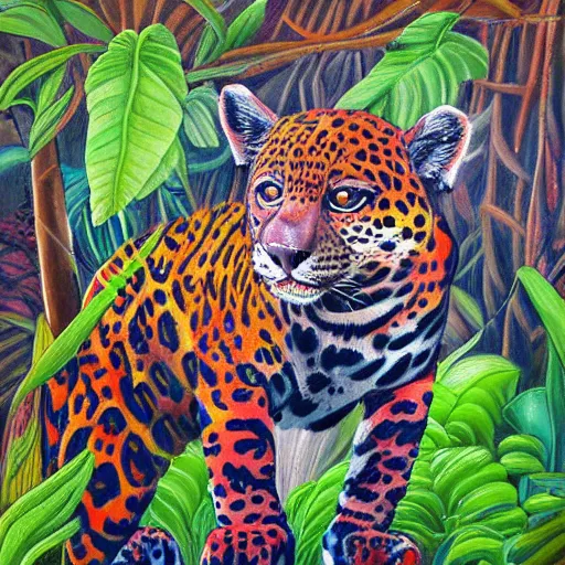 Prompt: a velvet painting of a colorful jaguar in a jungle by edgar leeteg