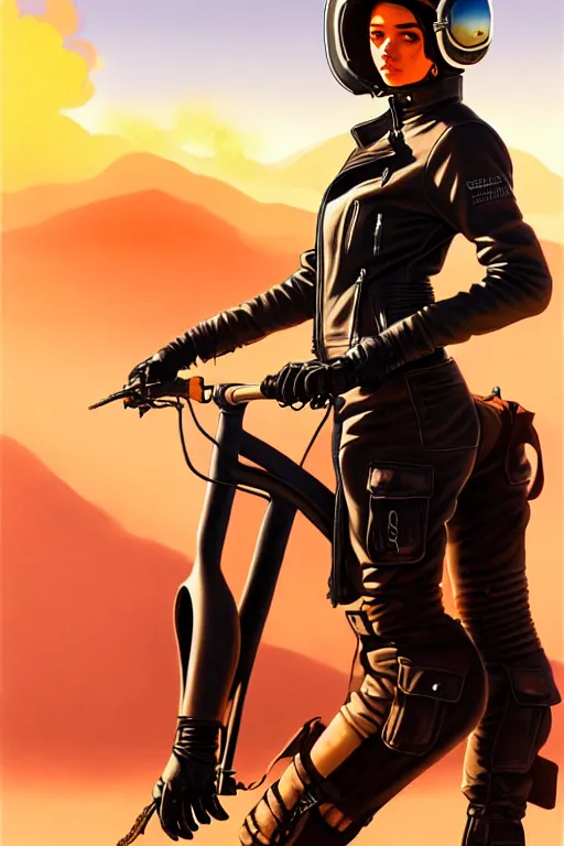 Image similar to a ultradetailed beautiful panting of post apocalyptic woman with motorbike in leather jacket with helmet in front of burning desert, anatomically correct, by ilya kuvshinov, greg rutkowski and makoto shinkai, trending on artstation