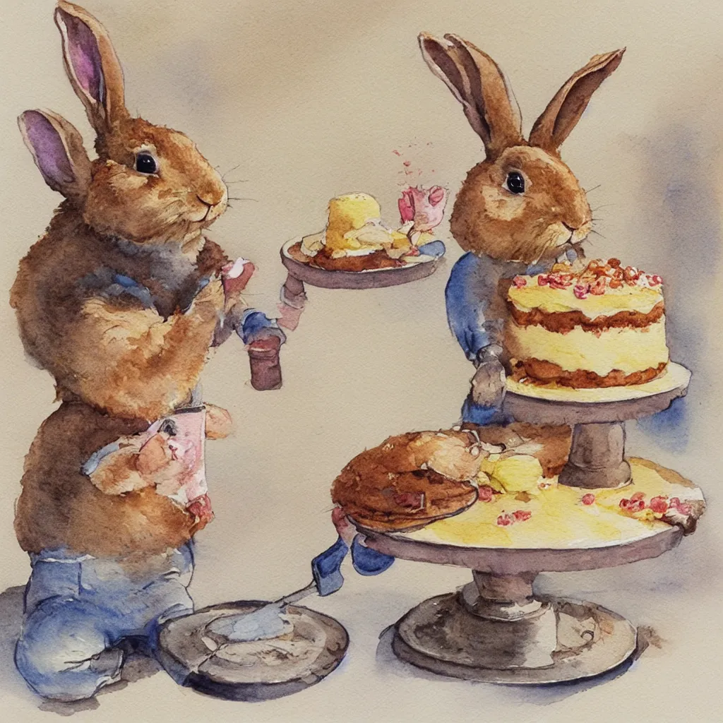 Prompt: a rabbit baking a cake, watercolour realistic