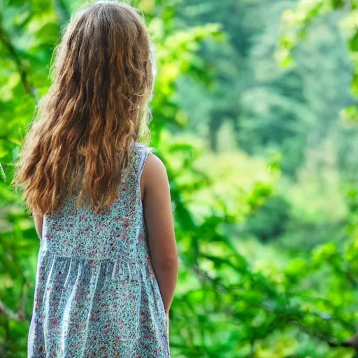 Image similar to a girl looking out over a lush green forest
