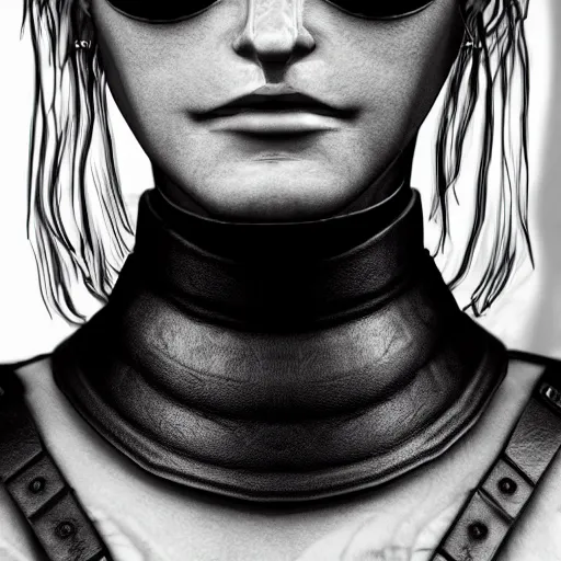 Image similar to detailed realistic female character cyberpunk wearing leather belt collar around neck, realistic, art, beautiful, 4K, collar, choker, collar around neck, punk, artstation, detailed, female, woman, choker, cyberpunk, punk, collar, choker, collar around neck,