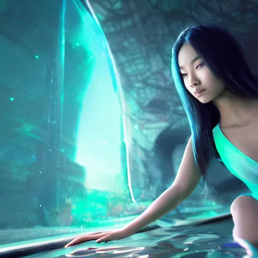 Prompt: a portrait of a full body beautiful futuristic asian girl, young with long hair, neon bioluminescence, looking out a under water window, matte painting, hyper - realistic, very detailed, intricate, very sexy pose, slight smile expression, unreal engine, dramatic cinematic lighting rendered by octane, 8 k, detailed