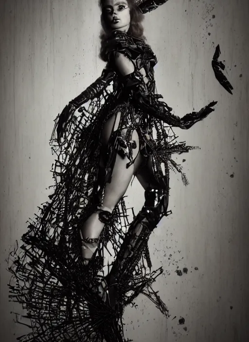 Prompt: expressive full body photo of young bridget bardot, dress made of steel blades, glamour shot, by karol bak, stefan gesell, photorealistic, nikon d 4 x, fashion photography, hyper maximalist, elegant, ornate, luxury, elite, environmental portrait, symmetrical features, octane render, unreal engine, solid dark grey background, dramatic lights