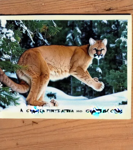 Image similar to damaged postcard of 'a cougar sleeping in the middle of snowy pine tree' laying on coffee table, zoomed out shot