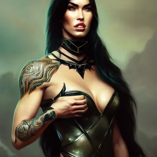 Prompt: portrait of megan fox, muscular upper body, choker, greek, jewelry, black dress, fantasy, intricate, elegant, highly detailed, digital painting, artstation, concept art, matte, sharp focus, illustration, art by aenaluck and roberto ferri and greg rutkowski, epic fantasy, digital painting