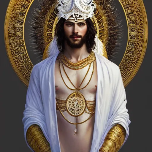 Prompt: beautiful and majestic Peruvian male god wearing a white perizoma, intricate, elegant, highly detailed, digital painting, artstation, concept art, smooth art, sharp focus, illustration, art by artgerm and greg rutkowski and alphonse mucha and loish and WLOP