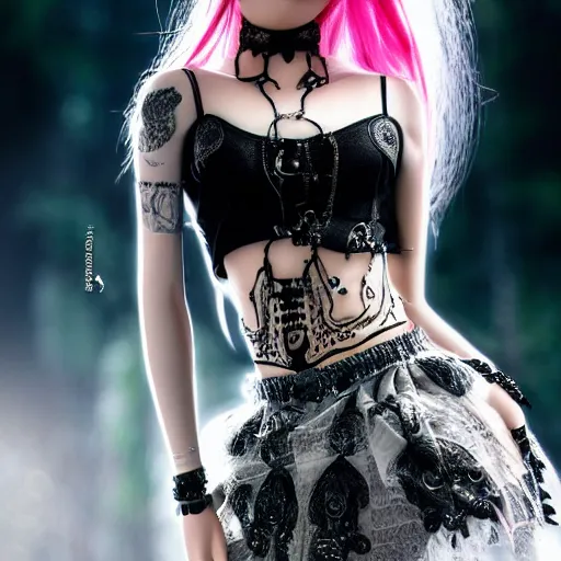 Image similar to kerli koiv animel goth girl in mini skirt and crop top intricate, extremely detailed, photograph, photorealistic, 8 k sensual lighting, incredible art, l