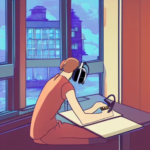 Image similar to a side view of a girl sitting on her desktop writing something, headphones on, hand on her chin, digital art, anime, studio ghibli style, window and city background,