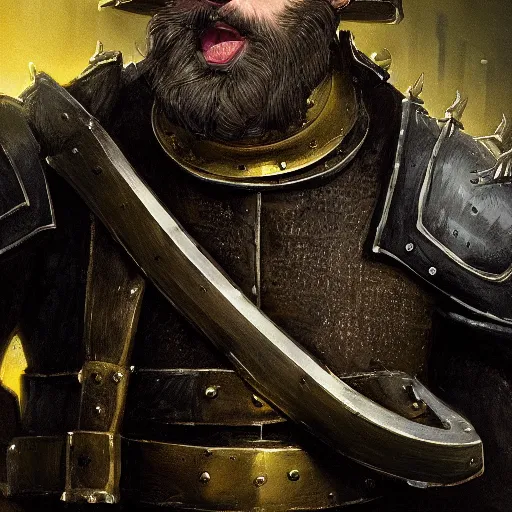 Image similar to Closeup of frustrated male medieval sergeant with a {short} beard wearing a black!!!! and yellow tabard over a steel breastplate and a black gambeson looking up from a map on a table, intricate, dramatic lighting illustration by Greg Rutkowski, ArtStation, digital art, fantasy