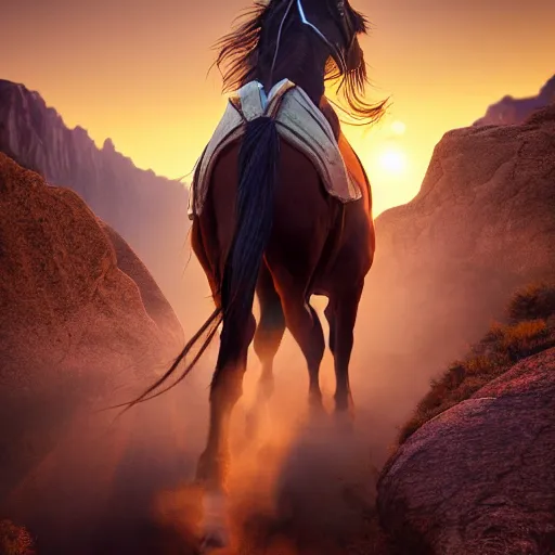 Prompt: spirit, the brown wild horse with white pastern flexion from the spirit movie, with the young girl lucky on his back galloping next to a canyon into the sunset, movie poster, intricate detail, 8 k, trending on artstation, octane render