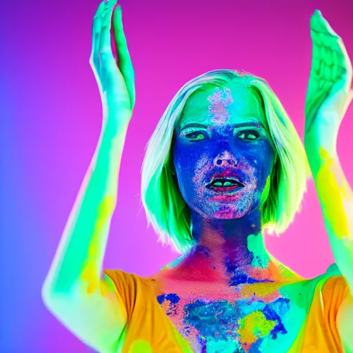 Image similar to a photo of a female made or of geodesic morfed structures, painted her body with ultraviolet paint, 5 0 mm lens, f 1. 4, sharp focus, ethereal, emotionally evoking, head in focus, volumetric lighting, 8 k