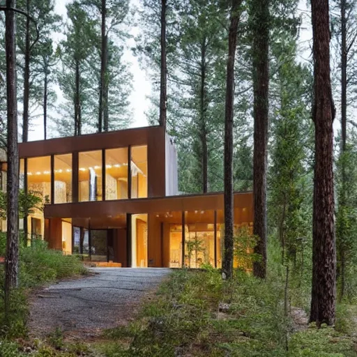 Image similar to a modern house in the woods. the house is the shape of a mobius strip with large picture windows. there are pine trees all around.