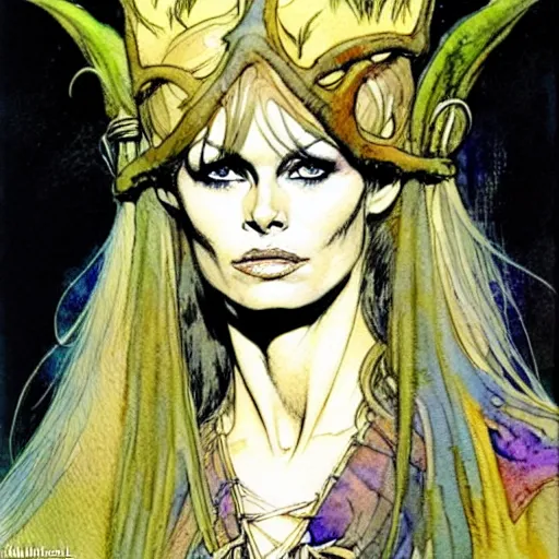 Prompt: a realistic and atmospheric watercolour fantasy character concept art portrait of brigitte bardot as a druidic warrior wizard looking at the camera with an intelligent gaze by rebecca guay, michael kaluta, charles vess and jean moebius giraud