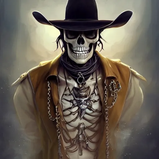 Image similar to a skeleton wearing a cowboy hat and a golden chain around the neck,Character design by charlie bowater, ross tran, artgerm, and makoto shinkai, detailed, inked, western comic book art, 2021 award winning painting,digital art,ultra realistic,ultra detailed,art by greg rutkowski,detailed face,photorealistic,hyperdetailed