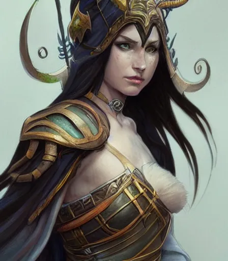 Image similar to Attractive Tiefling Druid,fully clothed,modest,with armor, dungeons and dragons portrait, highly detailed, digital painting, artstation, concept art, sharp focus, illustration, art by artgerm and greg rutkowski and alphonse mucha