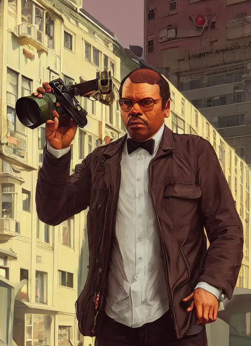 Prompt: portrait of Lester from GTA V as a stree photographer, full length shot, shining, 8k highly detailed, sharp focus, illustration, art by artgerm, mucha, bouguereau