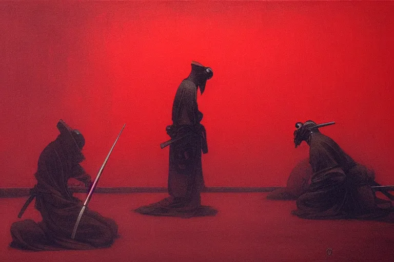 Image similar to only with red, a red samurai harakiri, tokio, a lot of frogs watch, in the style of beksinski, parts by edward hopper, parts by rodcenko, parts by yue minjun, intricate and epic composition, red by caravaggio, insanely quality, highly detailed, masterpiece, red light, artstation, 4 k