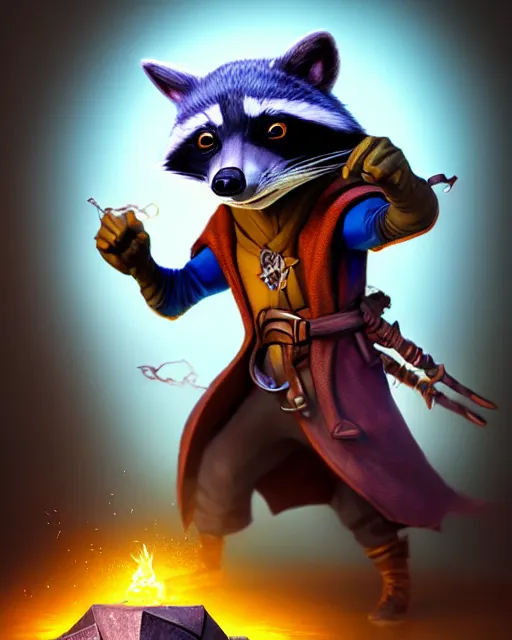 Image similar to 3 d model, highly detailed digital illustration portrait of hooded sorcerer sly cooper raccoon casting a magical glowing spell in a castle, action pose, d & d, magic the gathering, craig mullins, artgerm, moebius, dan mumford, octane, wlop, disney, pixar,