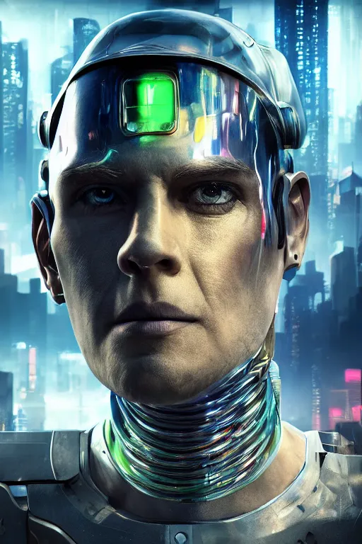 Prompt: hyperrealism portrait, digital art, wallpaper of a cyborg king in a cyberpunk city, diffused lighting, neon ambient lighting, by laura zalenga and aleksi briclot, 8 k dop dof hdr, vibrant