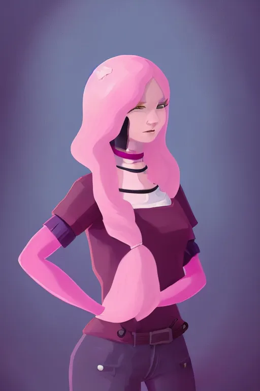 Image similar to a portrait of humanization of princess bubblegum from adventure time, grim - lighting, high - contrast, intricate, elegant, highly detailed, digital painting, artstation, concept art, smooth, sharp focus, illustration