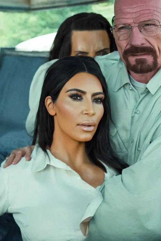 Image similar to film still of kim kardashian put in a headlock by walter white, inside an old rv on the tv show breaking bad, full-shot, 4k