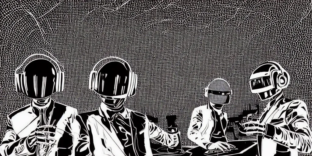 Prompt: intricate detailed artwork of Daft Punk using dj controller at an underground warehouse rave in Ibiza playing techno house music, thousands beautiful gorgeous girls dancing in bikini, in the style of Moebius, wires, speakers, black and white ink, some ink drips