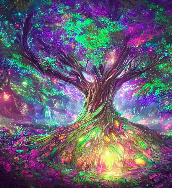 Prompt: stunning psychedelic tree on a hill, green leaves award winning matte concept art, intricate, precious ornate colorful, clear deep focus, crystals, glowing, futuristic, detailed realistic, raytracing colorful gems, black opal, magical colorful, realistic character art, wlop, chebokha, rutkowski, artgerm