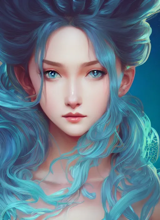 Prompt: beautiful girl with long turqoise hair, cute, intricate, highly detailed, digital painting, trending on artstation, concept art, smooth, sharp focus, backlit, rim light, vivid colors, illustration, unreal engine 5, 8 k, art by rossdraws and alphonse mucha