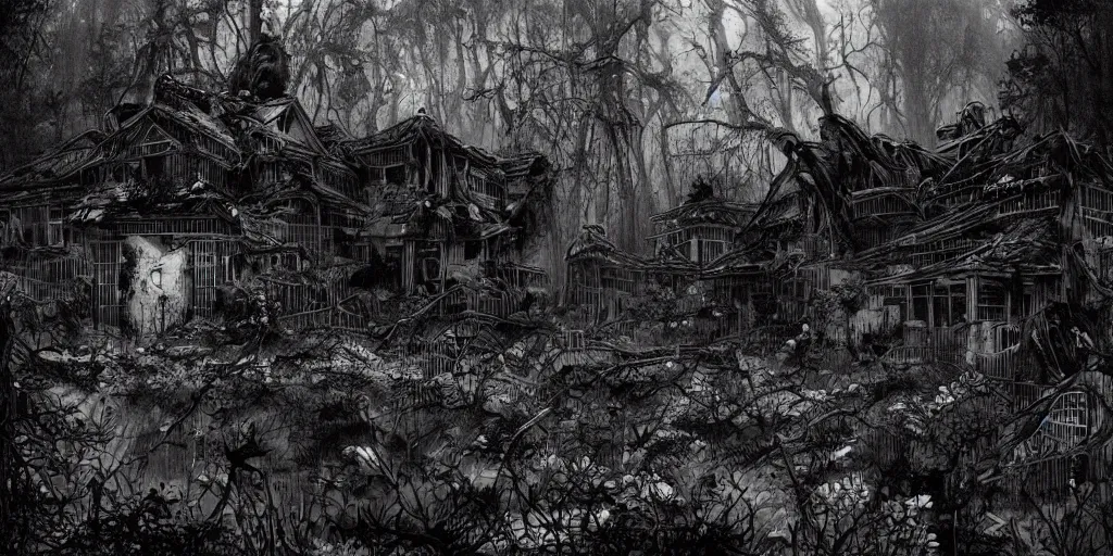 Prompt: photorealistic, ruined english bungalow at night, overgrown vegetation, in the forest, apocalypse, very dark, fog, skinny evil creatures, hell scape, horrifying, hyperrealistic, grimdark, art by tsutomu nihei