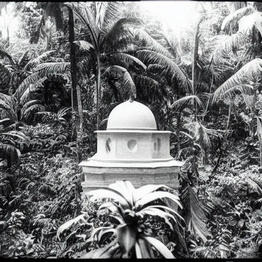 Image similar to lost film footage of a sacred object in the middle of the tropical jungle / film still / cinematic / enhanced / 1 9 2 0 s / black and white / grain
